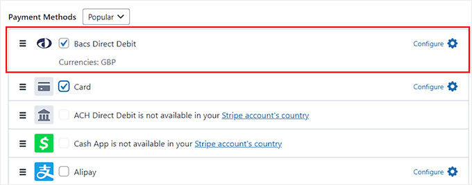 Payment Methods Configuration